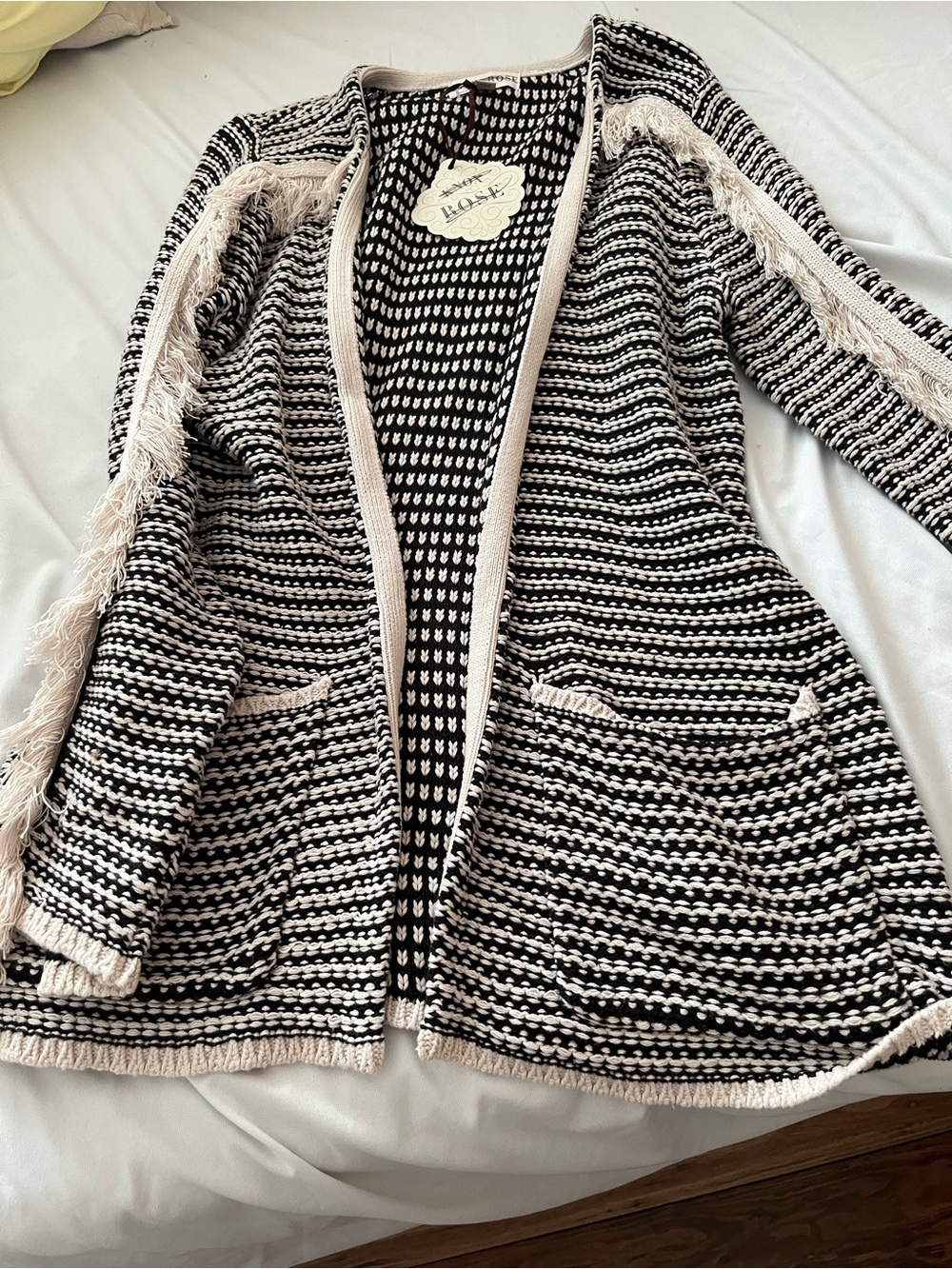 Knox Rose Black & Cream Striped Fringe-Trim Cardigan